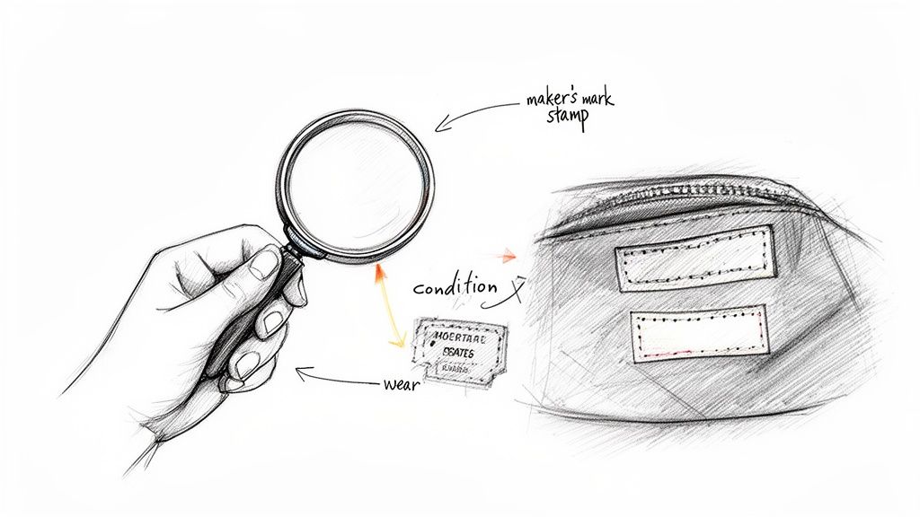 A hand with a magnifying glass inspects a bag for maker's mark, condition, and wear.