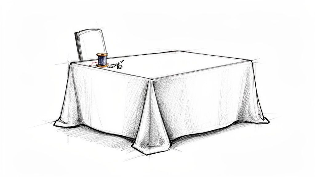 Hand-drawn sketch of a sewing setup: a covered table, chair, thread spool, and scissors.