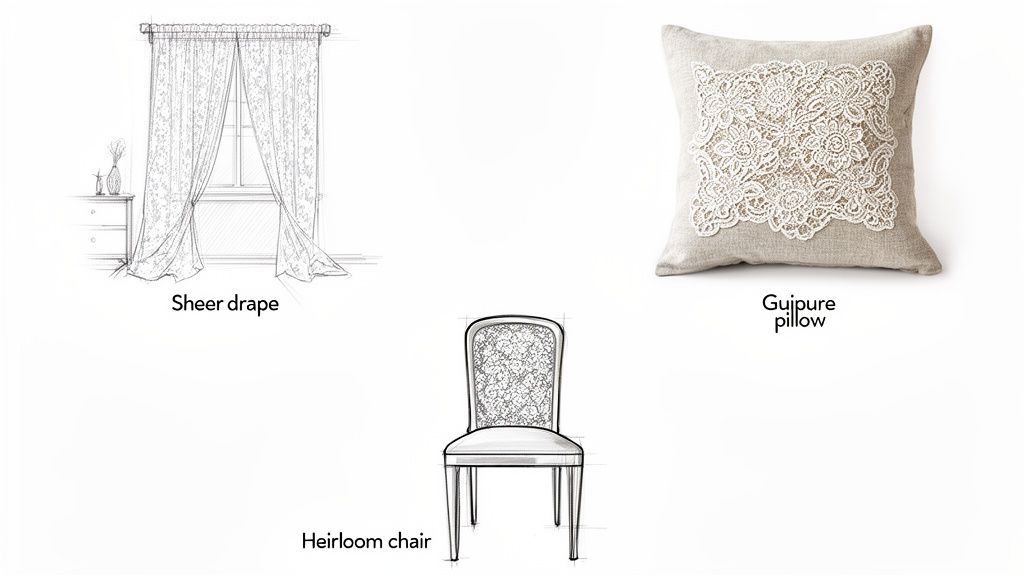 A collection of home decor items featuring intricate lace patterns: a sheer drape, a guipure pillow, and an heirloom chair.