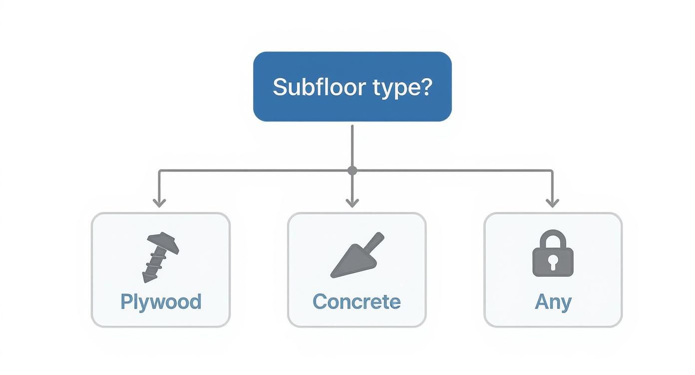 A flowchart asks 'Subfloor type?' and presents three options: Plywood, Concrete, and Any.