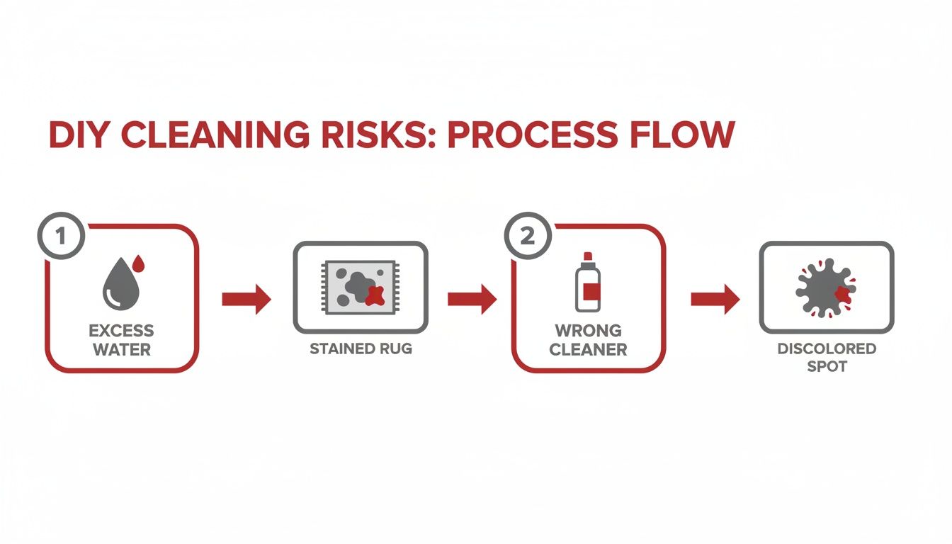 A flowchart showing DIY cleaning risks: excess water leading to a stained rug, and wrong cleaner causing a discolored spot.