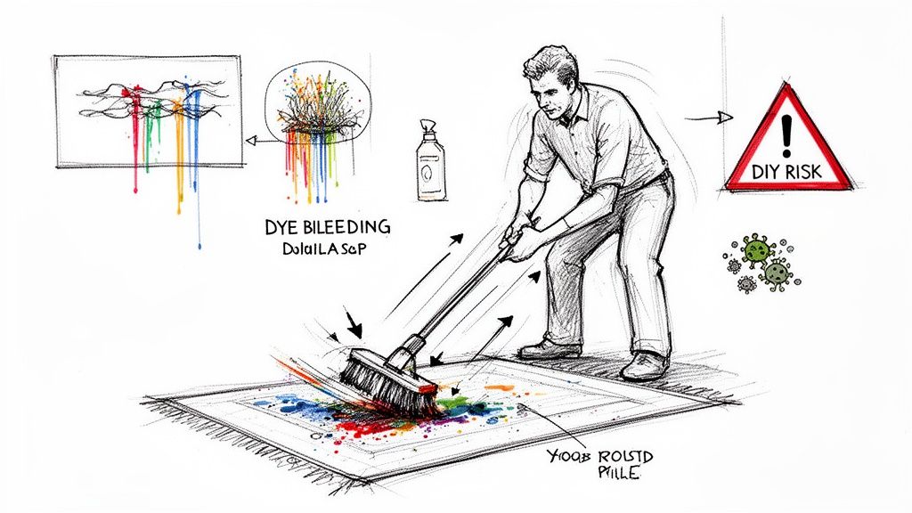 A man attempts to clean a colorful stain on a rug, illustrating the risks of DIY carpet cleaning.