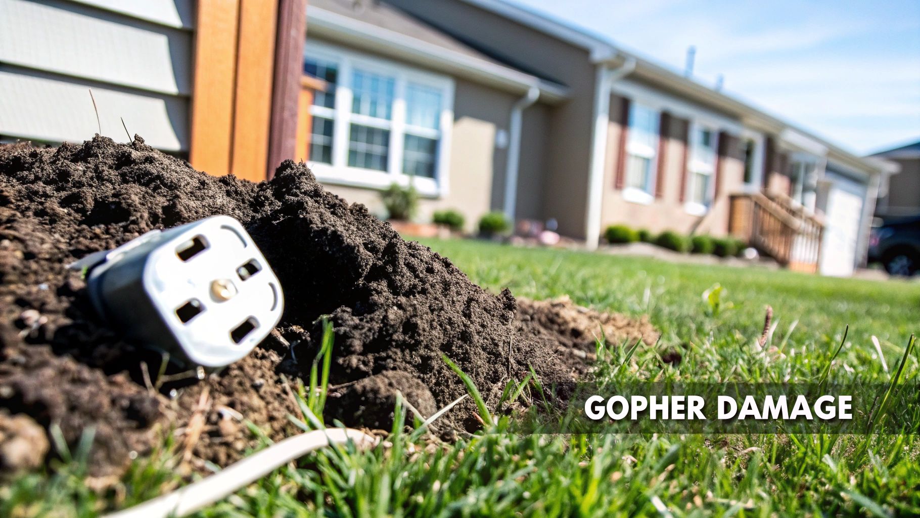 A fresh gopher mound with loose dirt and a silver gopher trap in a green grassy lawn, illustrating gopher damage.