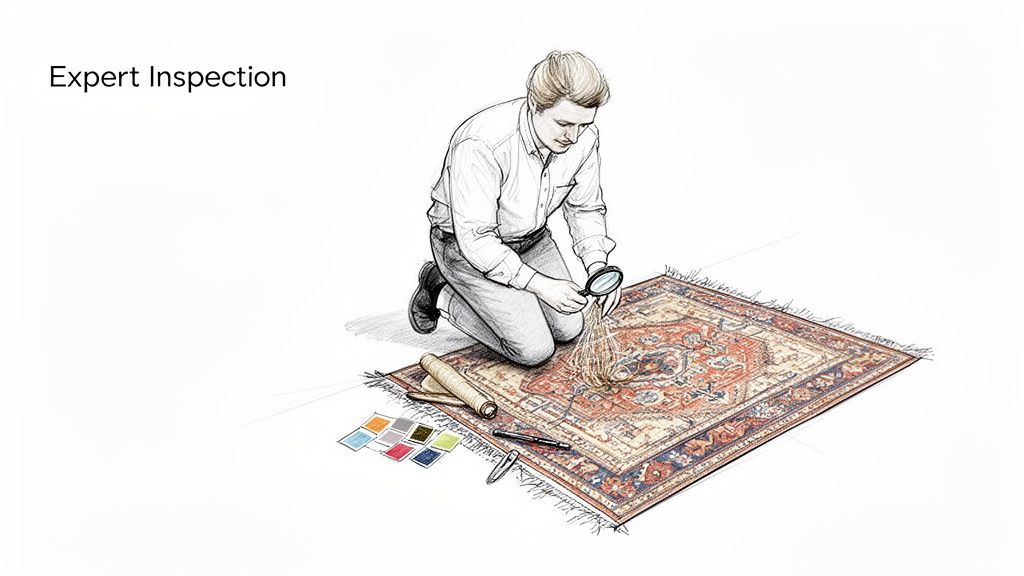 An expert inspector kneels, examining an oriental rug's fibers closely with a magnifying glass.