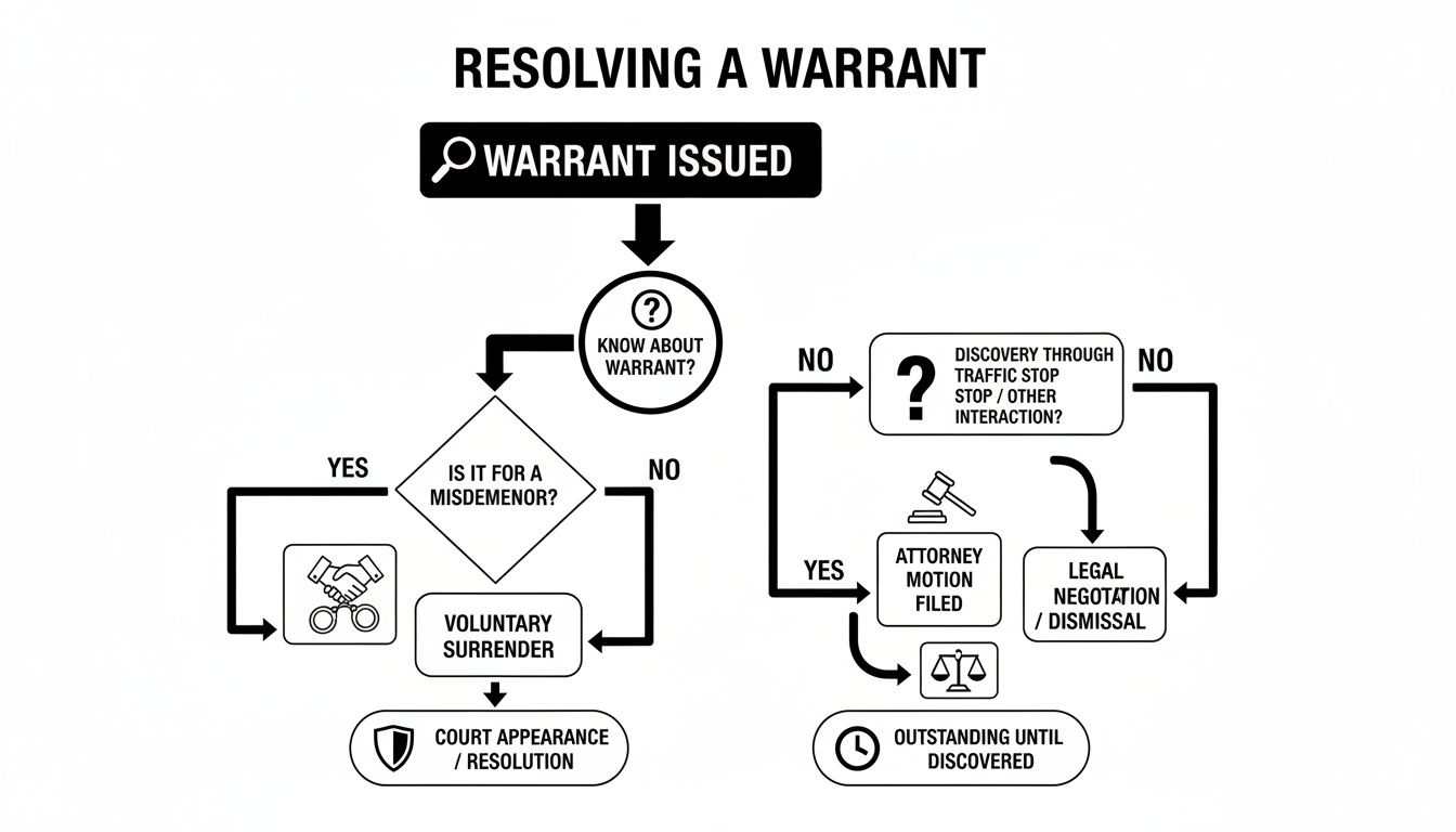 Flowchart illustrating the process of resolving a warrant, covering awareness, surrender, and legal actions.