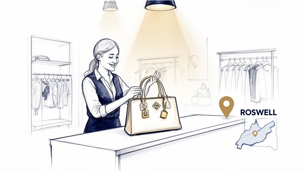 Sketch of a smiling woman holding a luxury handbag in a boutique with a Roswell location pin.