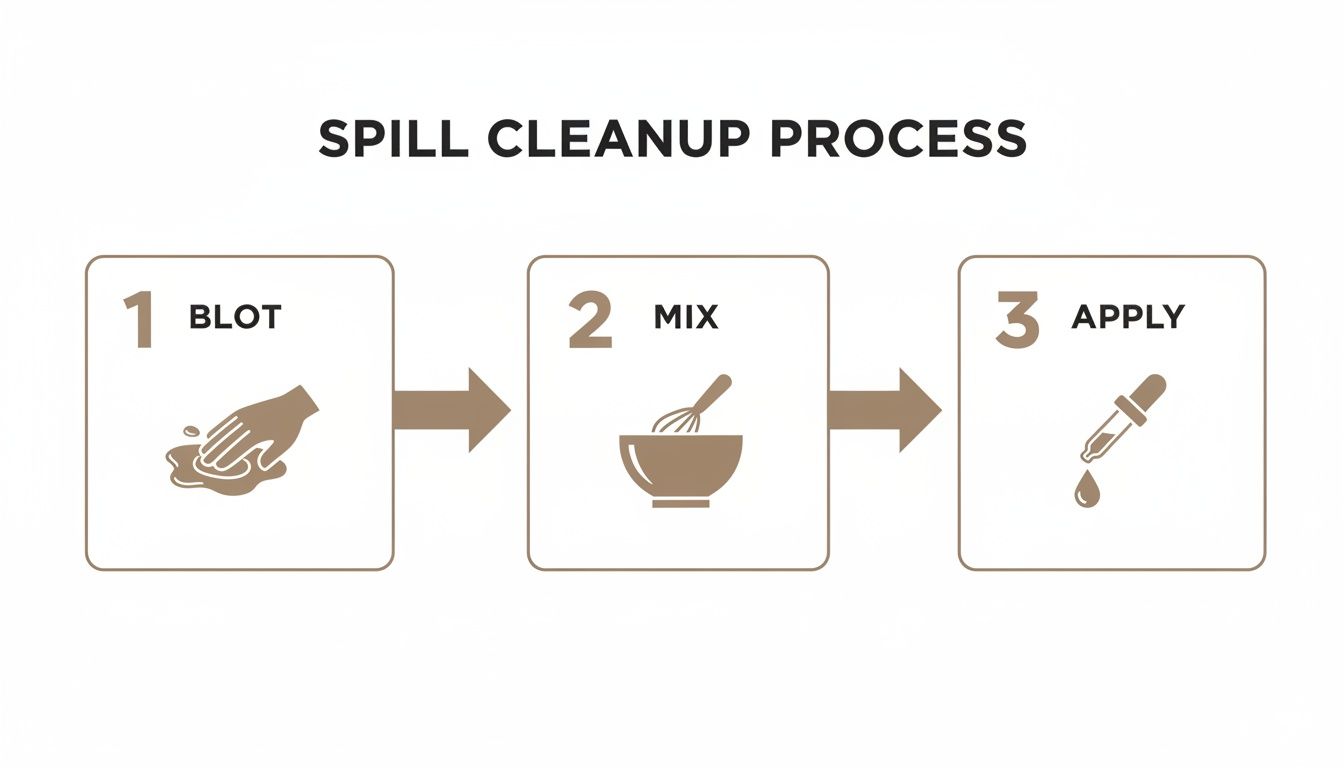 A three-step diagram illustrating a spill cleanup process: 1. blot, 2. mix, 3. apply.