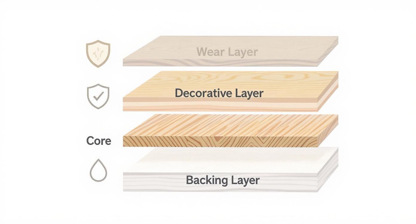 An exploded diagram illustrating the four distinct layers of laminate flooring with descriptive labels.