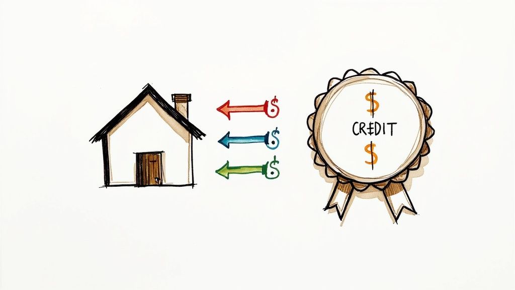 A homeowner reviewing energy bills and smiling, with a geothermal system diagram in the background