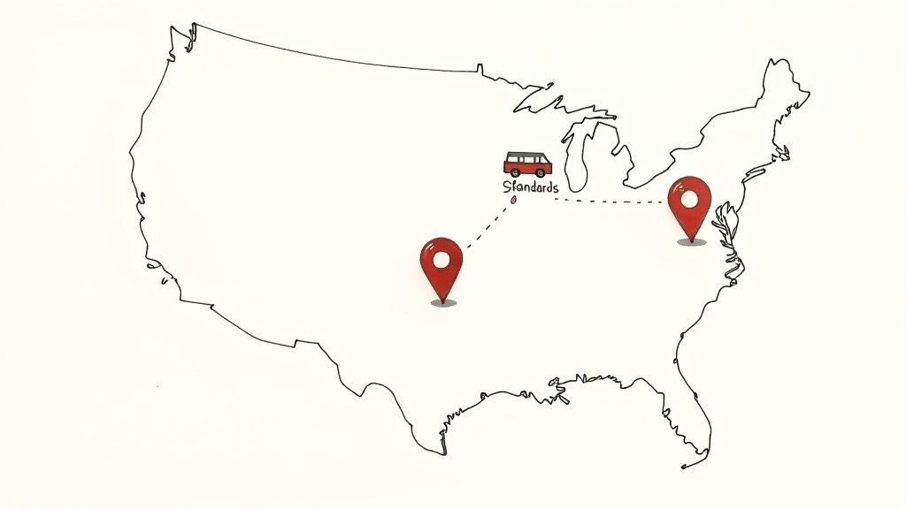 A hand-drawn map of the United States with a 'Standards' van and two location pins connected by a dashed line.