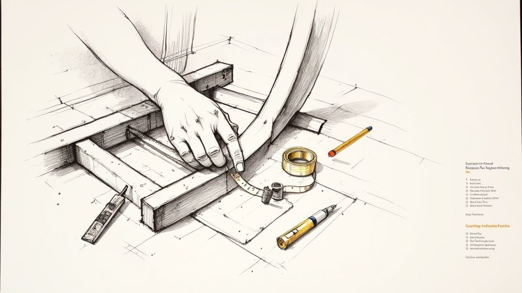Detailed illustration of hands measuring a wooden furniture frame with a tape measure and tools.