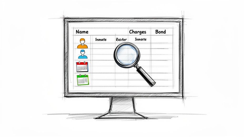 A sketch of a computer screen displaying a table with inmate names, charges, and bond information, with a magnifying glass for search.
