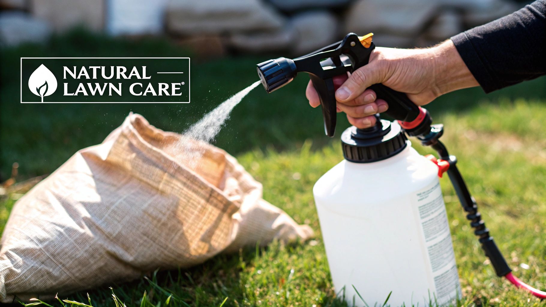 A person applying natural granular fertilizer to a lush green lawn.