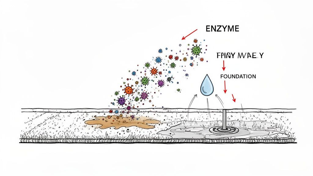 Illustration of enzymes and water removing a brown stain from a textured surface, labeled 'ENZYME' and 'FOUNDATION'.