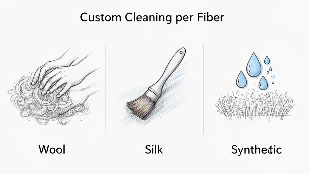 Illustrations showing custom cleaning methods for different fibers: wool, silk, and synthetic materials.