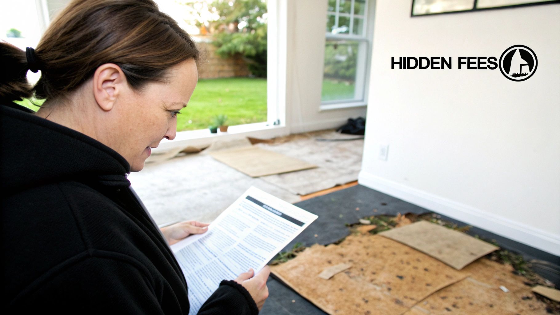 Calculator and measuring tape on a hardwood floor plan, symbolizing budgeting.
