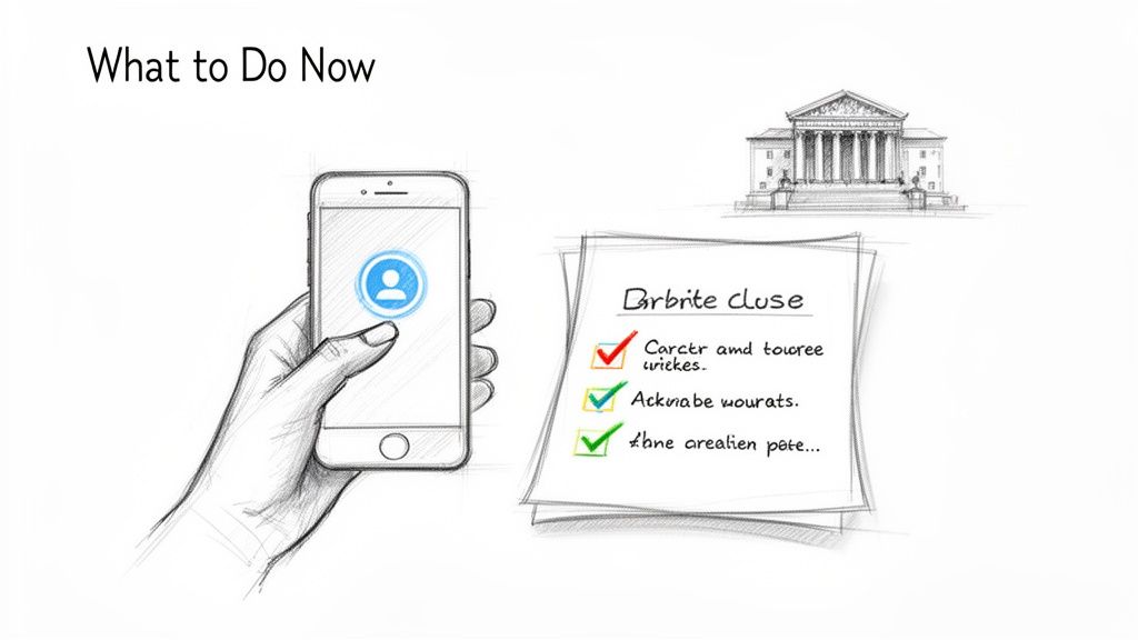 A visual guide illustrating a legal process with a phone, checklist, and a classical courthouse building.