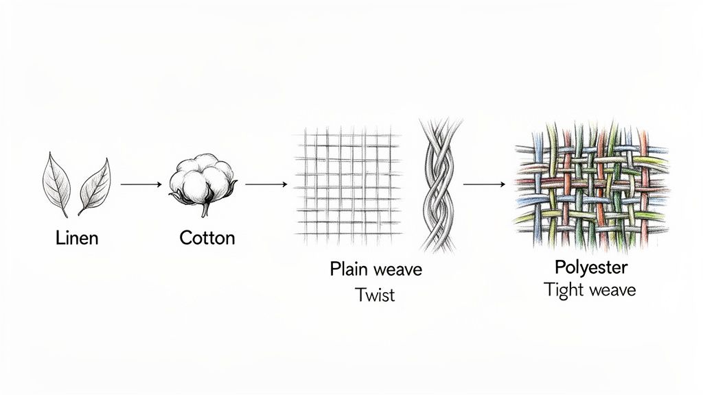 Diagram illustrating various fabric types and weaving patterns: linen, cotton, plain weave, twist, and tight polyester weave.