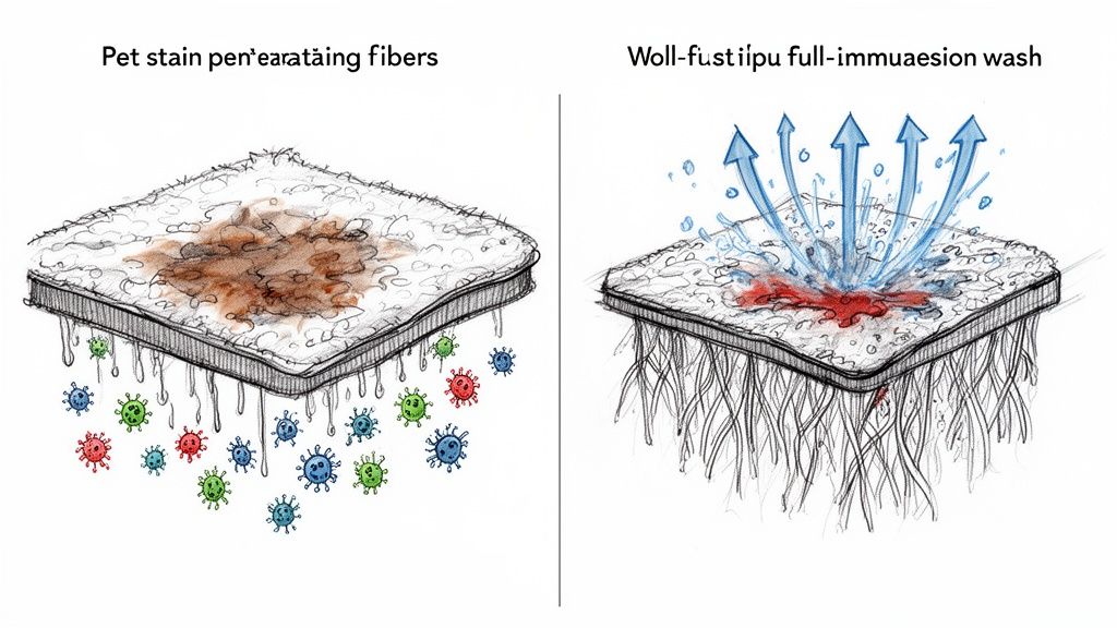 Illustration showing pet stains penetrating rug fibers versus effective full-immersion rug cleaning.