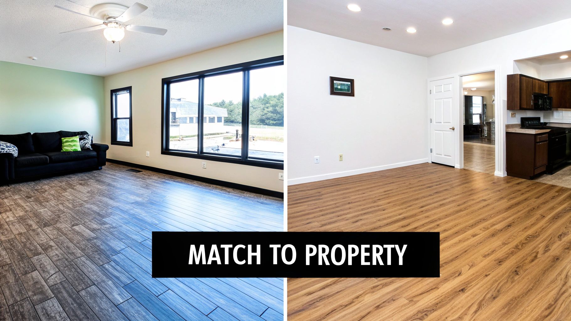 Split image showing two distinct room interiors, one with dark tile, the other with light wood-look flooring.