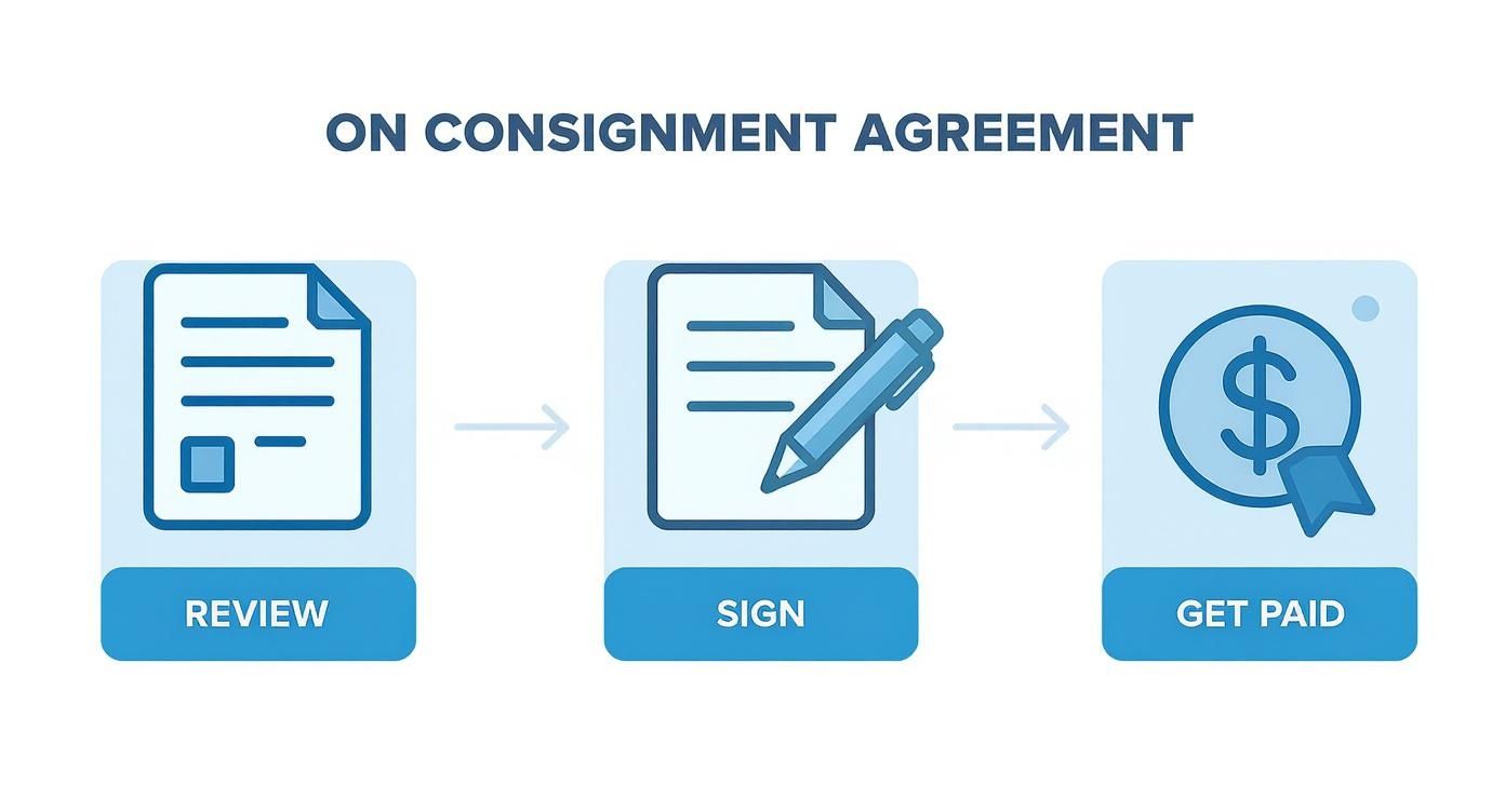 A diagram illustrating the three steps of a consignment agreement: review, sign, and get paid.