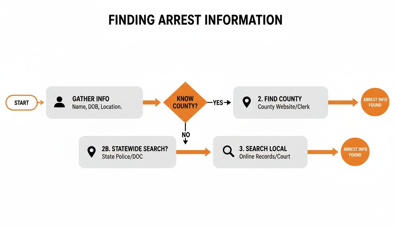 Flowchart outlining the steps to find arrest information, including gathering data and searching county or statewide records.