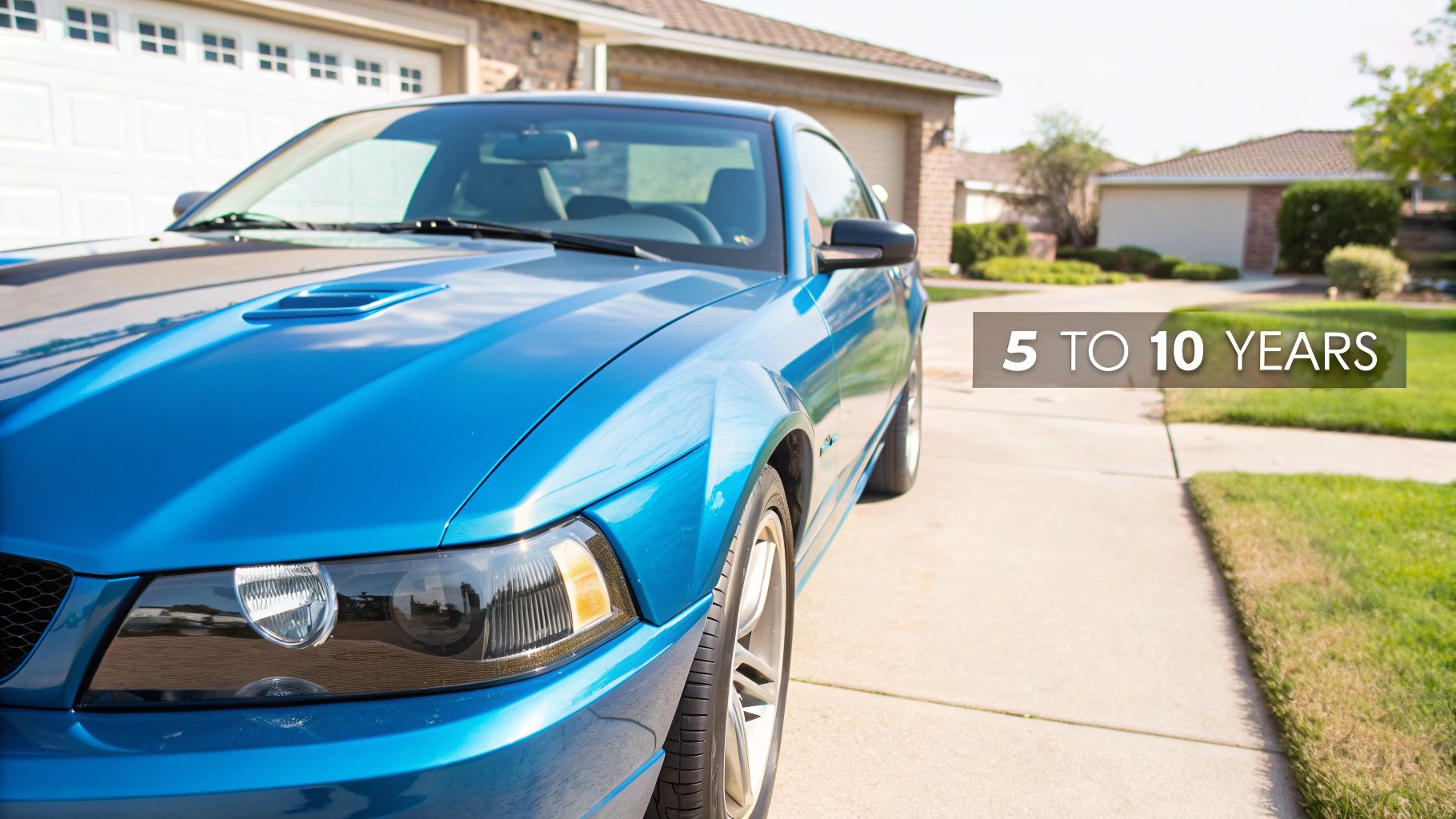 A vibrant blue car parked on a paved driveway in front of a suburban home, with '5 TO 10 YEARS' text overlay.