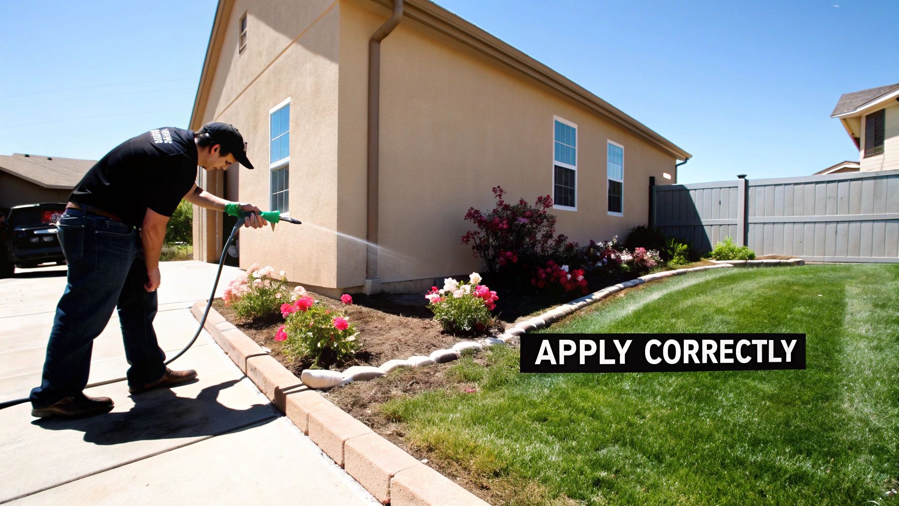 A man accurately sprays a solution onto garden plants and flowers beside a house with a lush lawn.