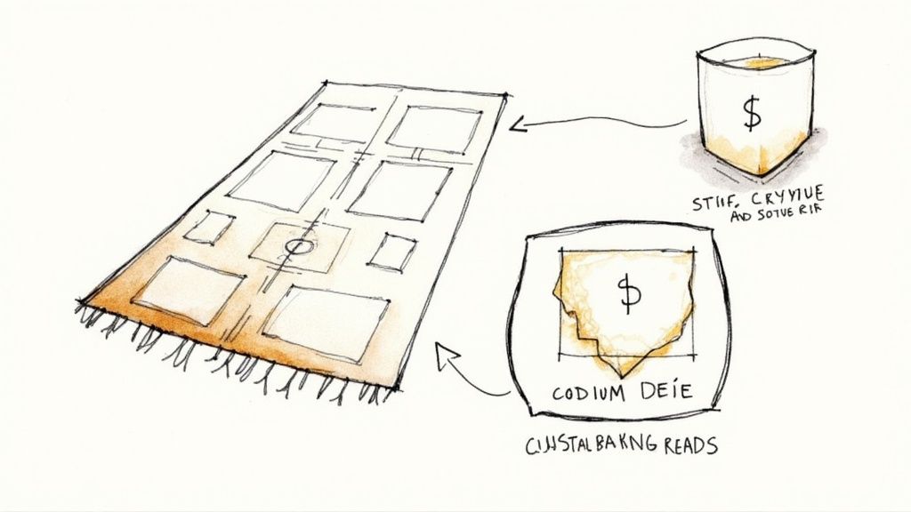 A sketch illustrating two substances in containers, possibly vinegar and baking soda, being applied to a stained rug.