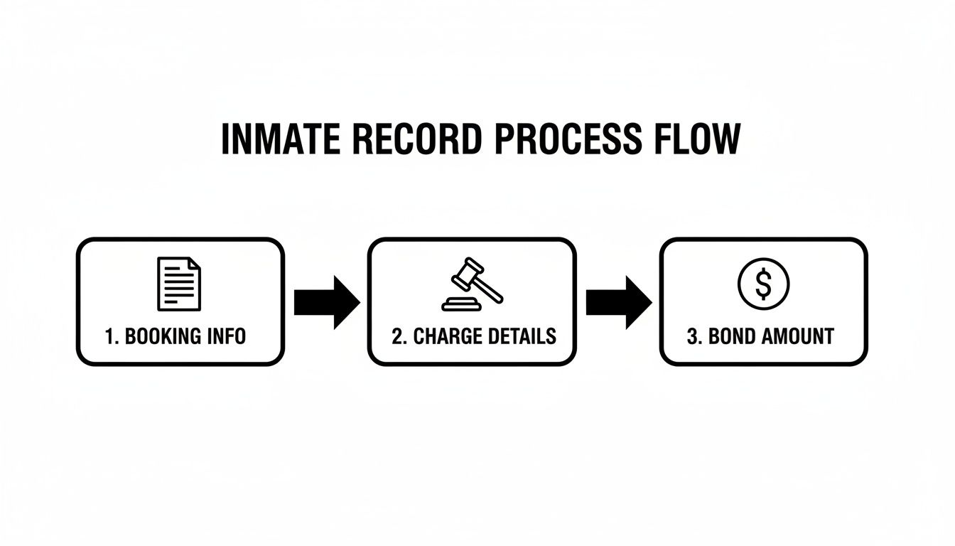 A process flow diagram illustrating the inmate record process: booking info, charge details, and bond amount.
