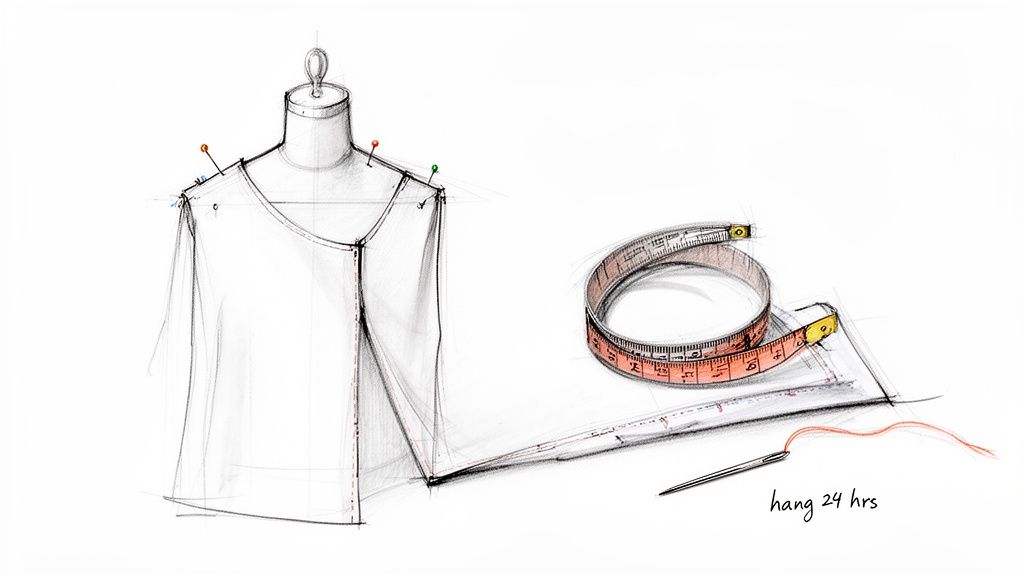 An illustration of a garment being draped on a dress form with pins, a measuring tape, and a needle.