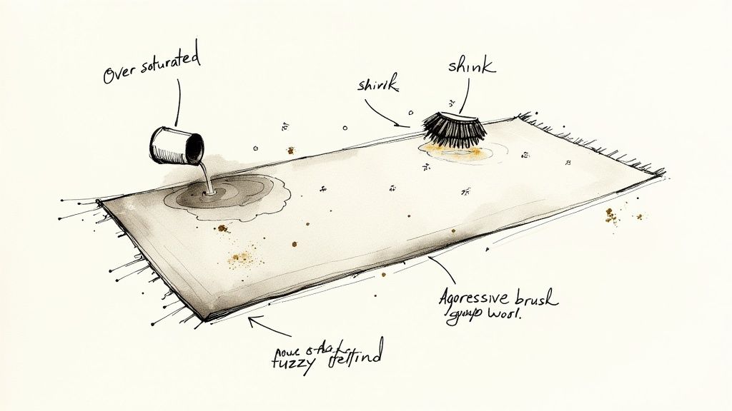 A sketch illustrating common mistakes when cleaning a wool rug, including over-saturation and aggressive brushing.