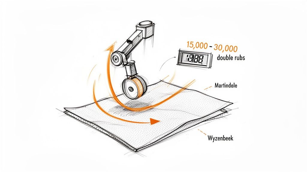 Illustration of a robotic arm performing fabric durability tests, showing Martindale and Wyzenbeek methods with double rub counts.