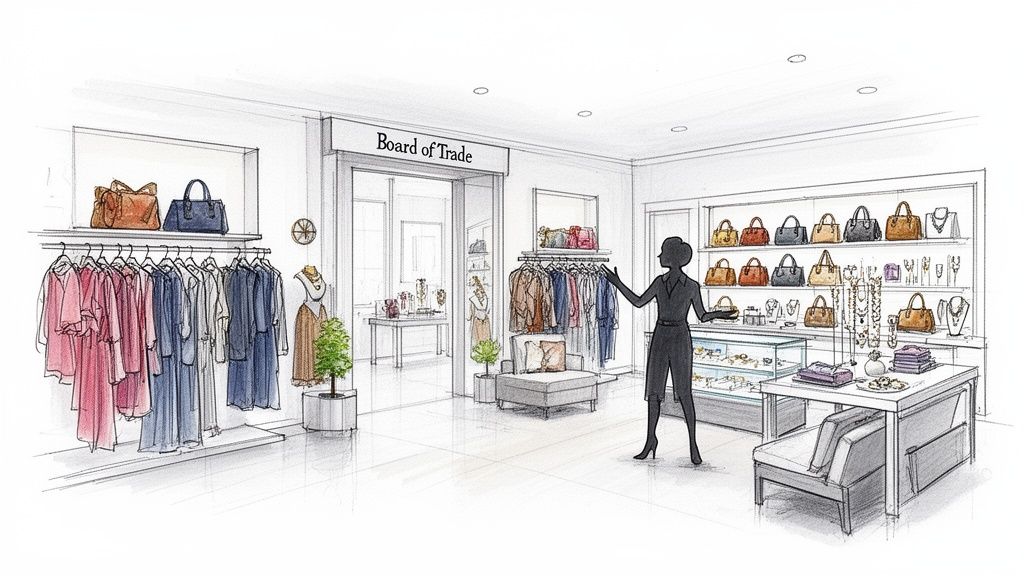 Detailed sketch of a high-end consignment store featuring clothing racks, handbags, and jewelry displays.