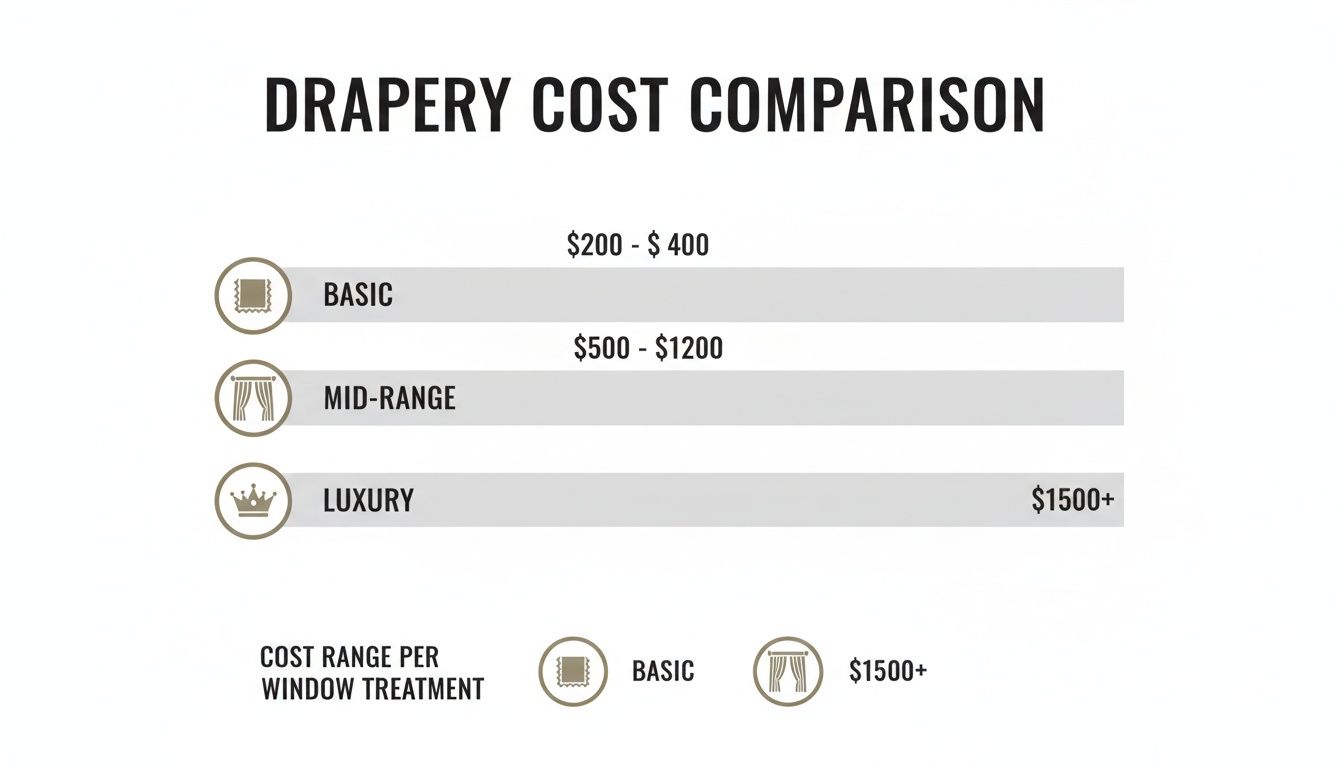 A chart comparing drapery costs for Basic, Mid-Range, and Luxury categories with price ranges.