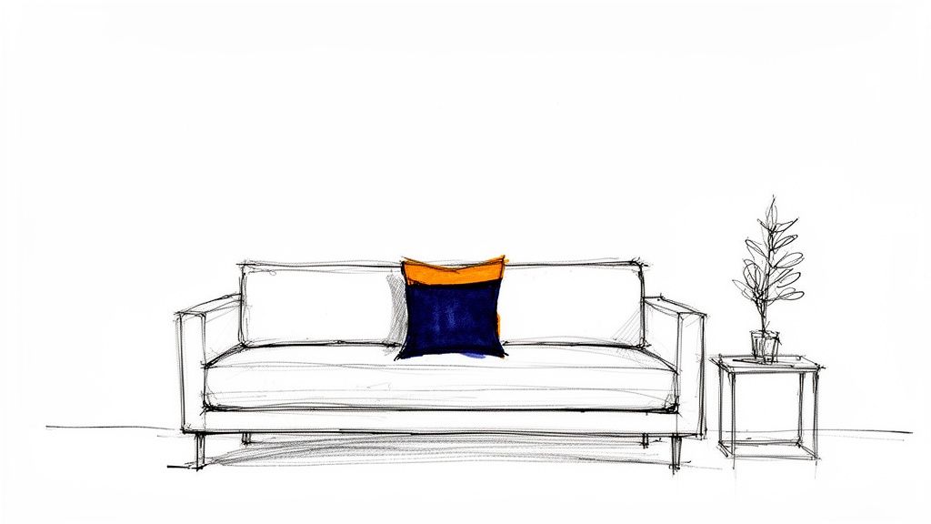 A minimalist sketch of a white sofa with a blue and orange cushion next to a plant on a side table.