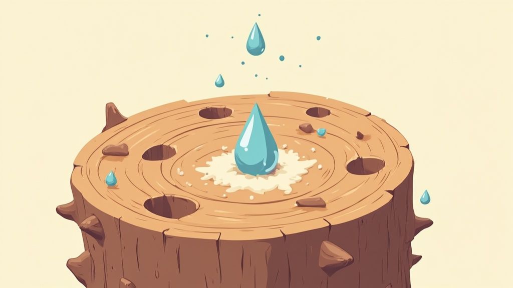 A tree stump with holes drilled into it, ready for chemical treatment.