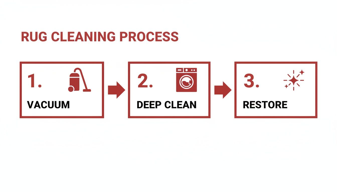 A diagram illustrating the three-step rug cleaning process: vacuum, deep clean, and restore.