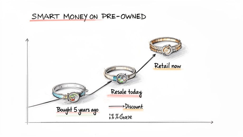 Graph illustrating the appreciation of a pre-owned Cartier Trinity bracelet's value over five years.