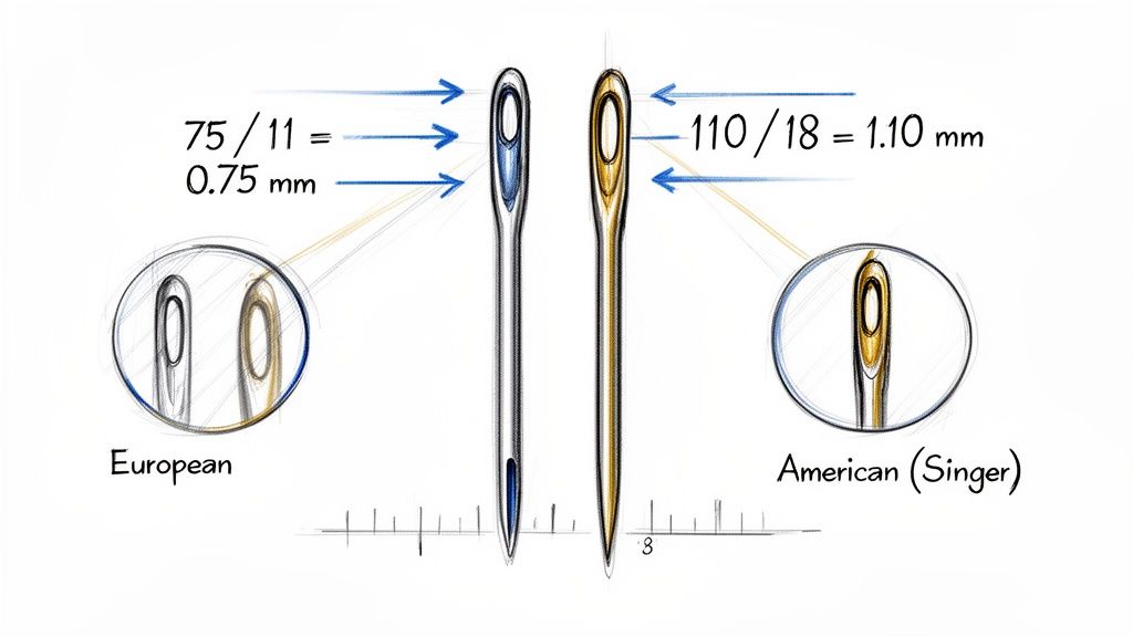 Diagram comparing European and American (Singer) sewing machine needles, showing size measurements and magnified eye differences.