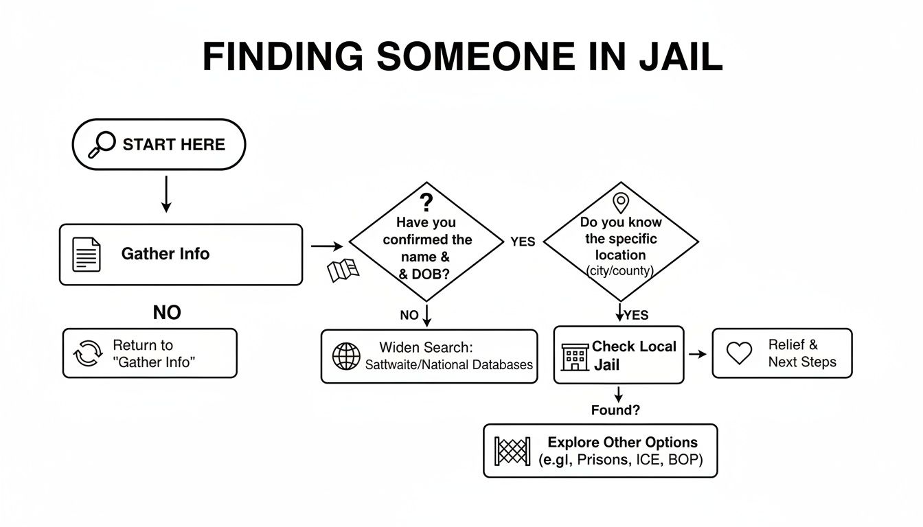 A flowchart outlining the steps and process for finding someone who is currently in jail.