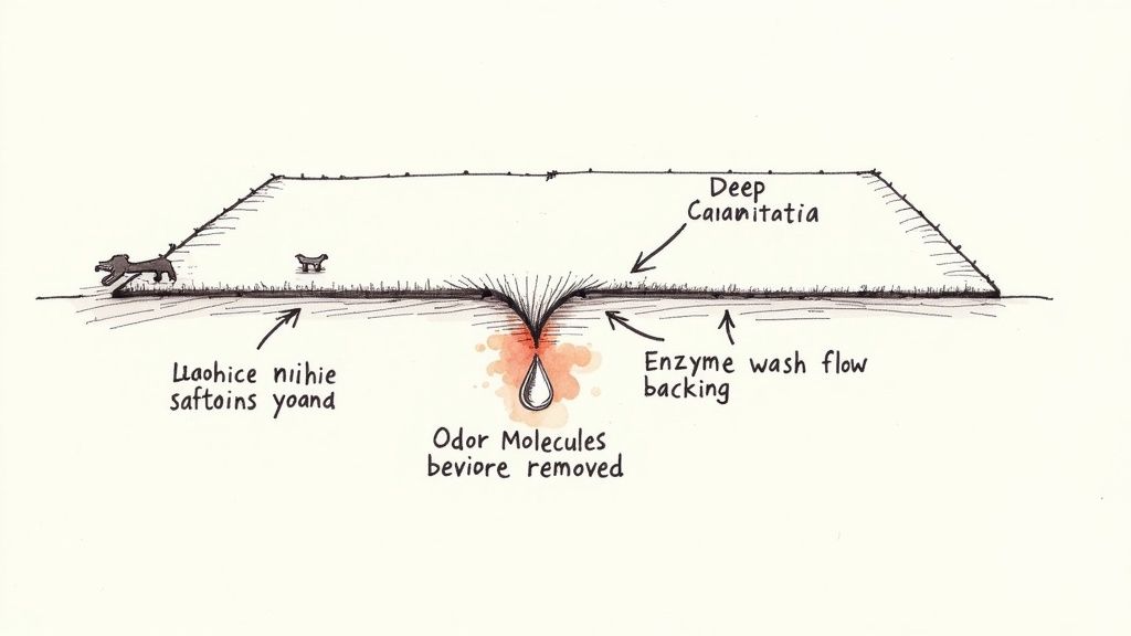 A diagram illustrating a cross-section of ground with deep odor molecules being treated by enzyme wash.