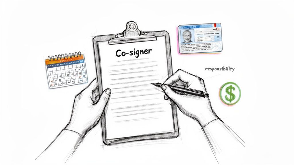 A sketch showing hands signing a 'Co-signer' document, with a calendar, ID card, and money symbol.
