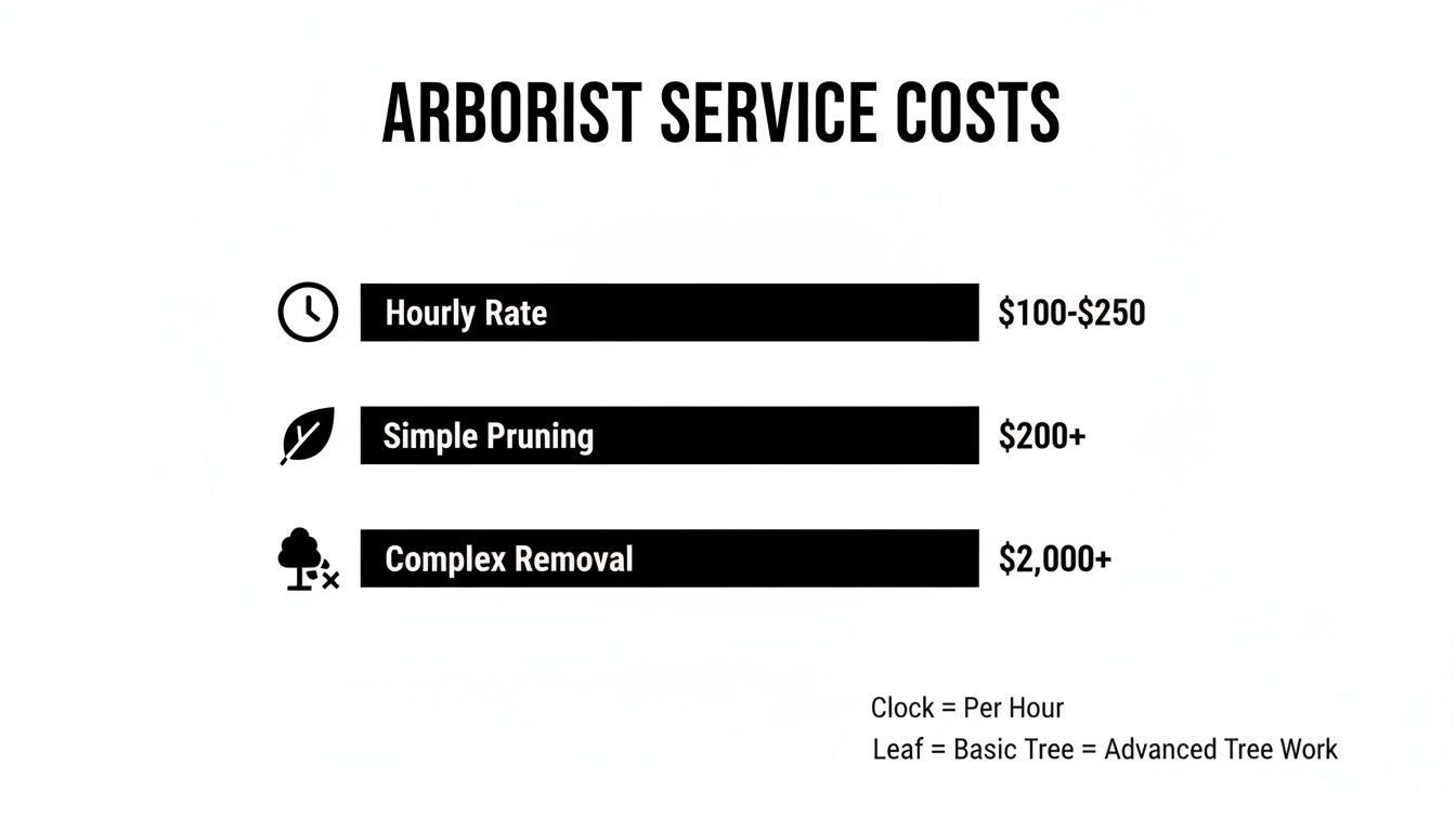 Infographic detailing arborist service costs including hourly rates, simple pruning, and complex tree removal.