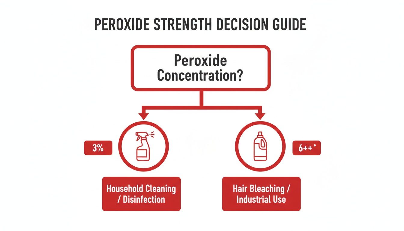 A decision guide flowchart illustrating peroxide concentrations for different uses like cleaning and bleaching.