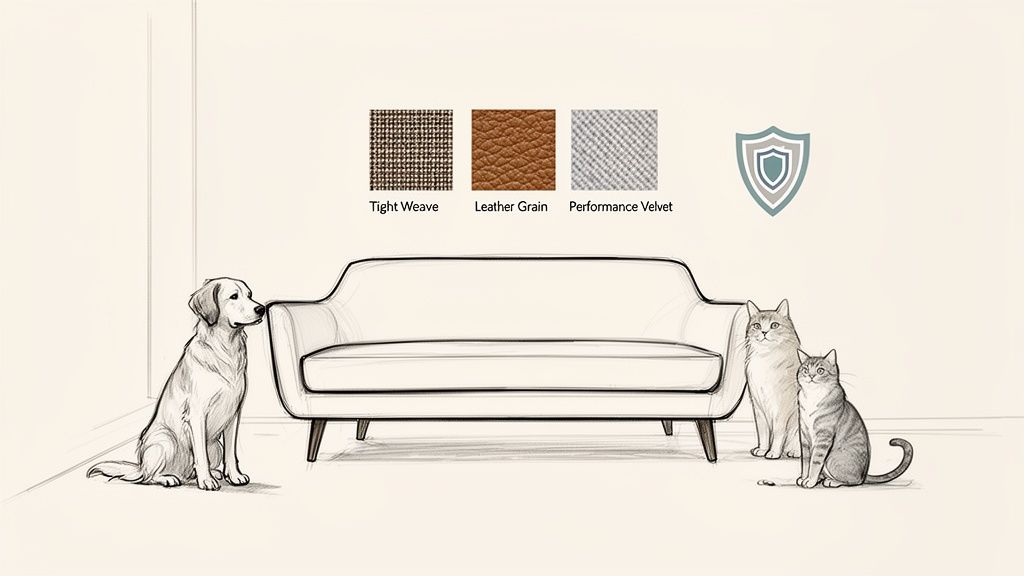 Illustrations of a sofa, a dog, two cats, and durable fabric choices like tight weave, leather, and performance velvet.