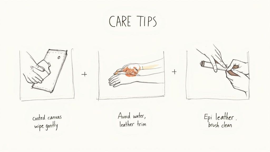 Illustrations demonstrate care tips for Louis Vuitton products: wiping coated canvas, avoiding water on leather, and brushing Epi leather.