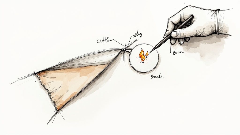 A detailed close-up of various textured fabric swatches in neutral and earthy tones, showcasing different weaves and materials.