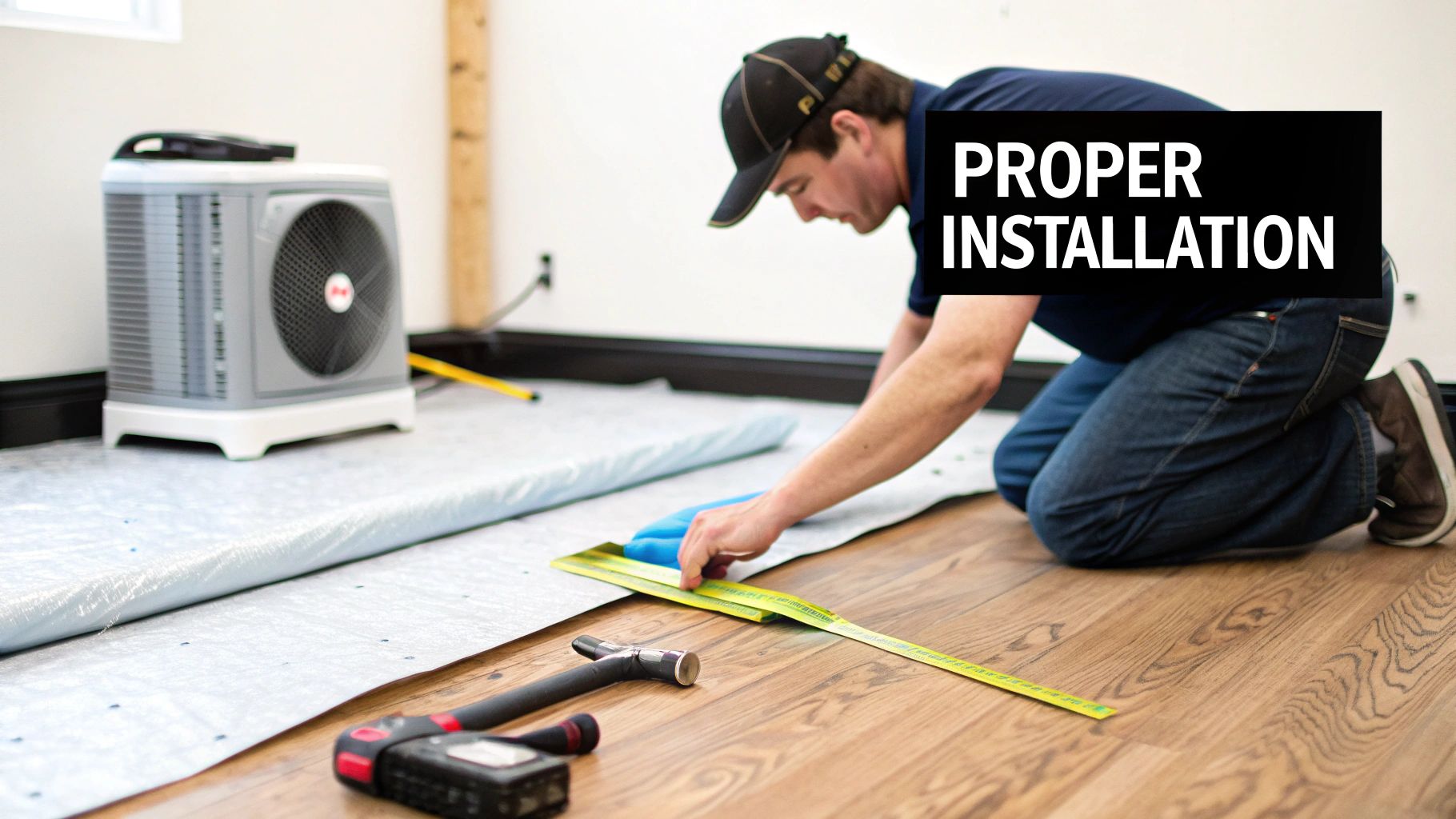 A man kneels on a wooden floor, measuring underlayment for proper installation near a dehumidifier.