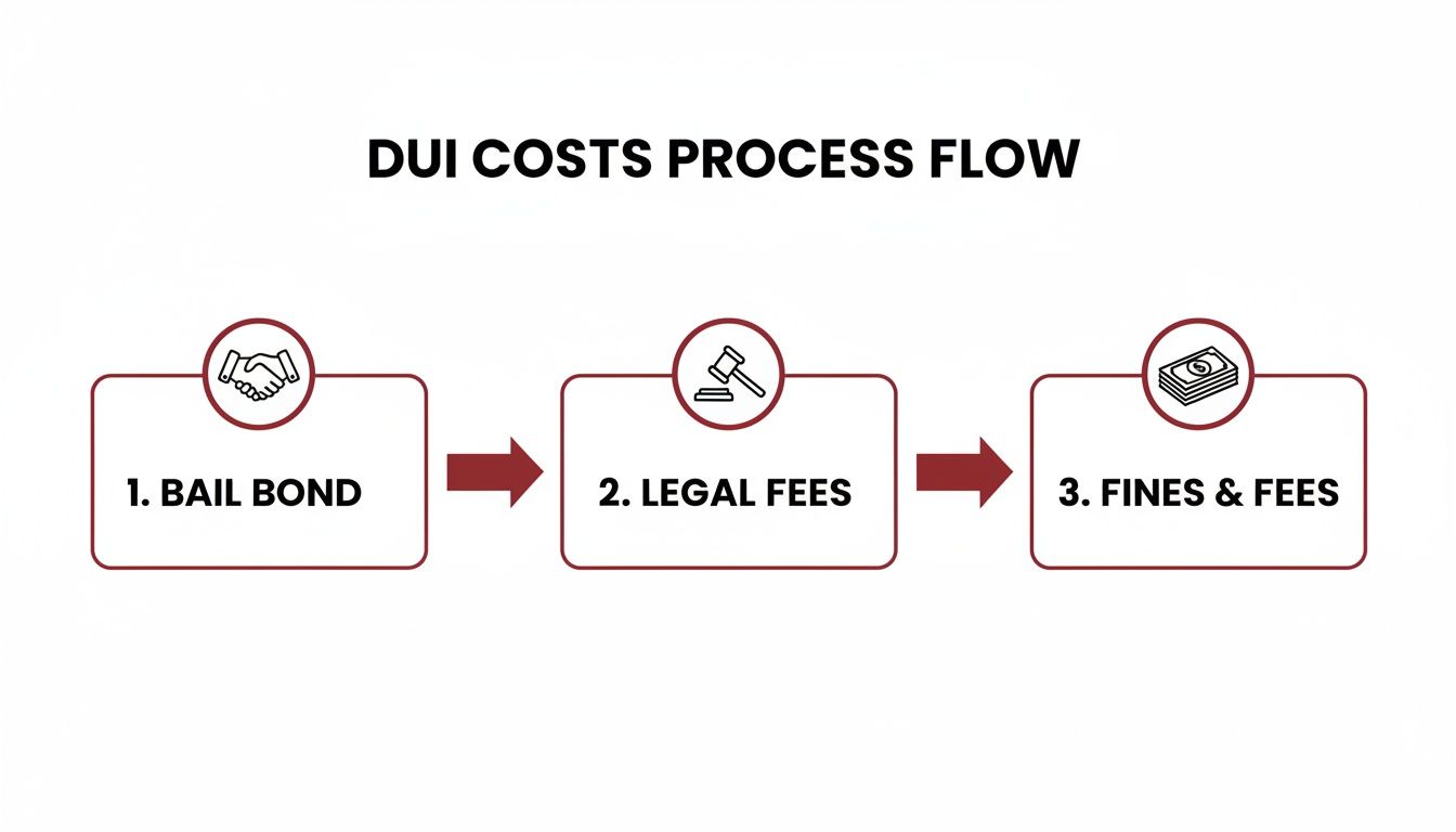 Infographic showing the sequence of DUI related costs: bail bond, legal fees, and fines and fees.